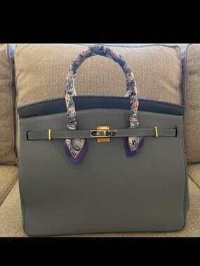 Designer-Style Linen Blue Togo Leather Handbag (40 cm)